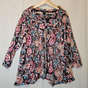 Ali Miles Tunic Top Sheer Black With Colorful Paisley Embroidery 3X